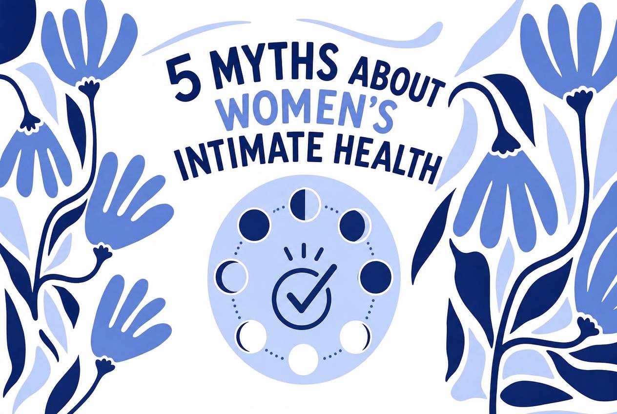Illustration: 5 myths about women's intimate health, with blue flowers and a cycle motif