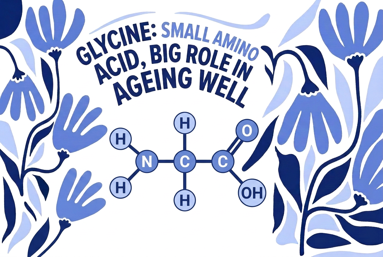 Illustration: a hand holding a glycine molecule among blue flowers